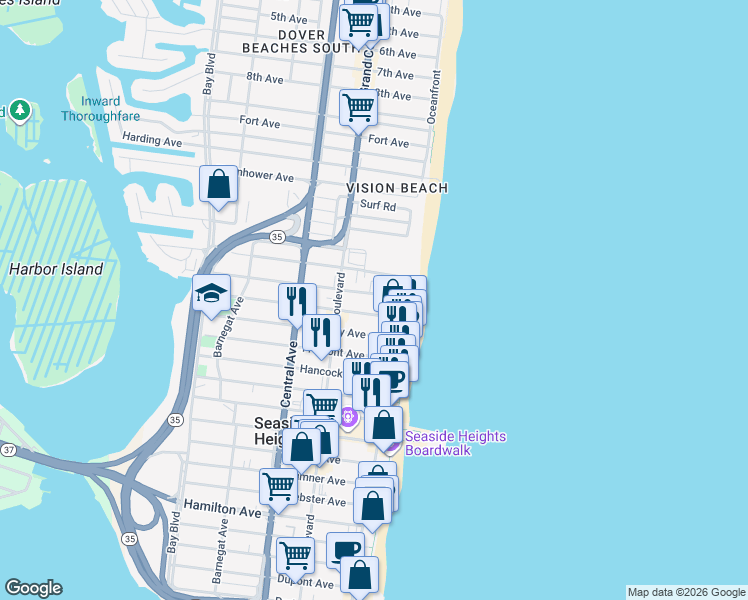 map of restaurants, bars, coffee shops, grocery stores, and more near 41 Carteret Avenue in Seaside Heights