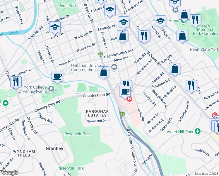 map of restaurants, bars, coffee shops, grocery stores, and more near 972 South George Street in York