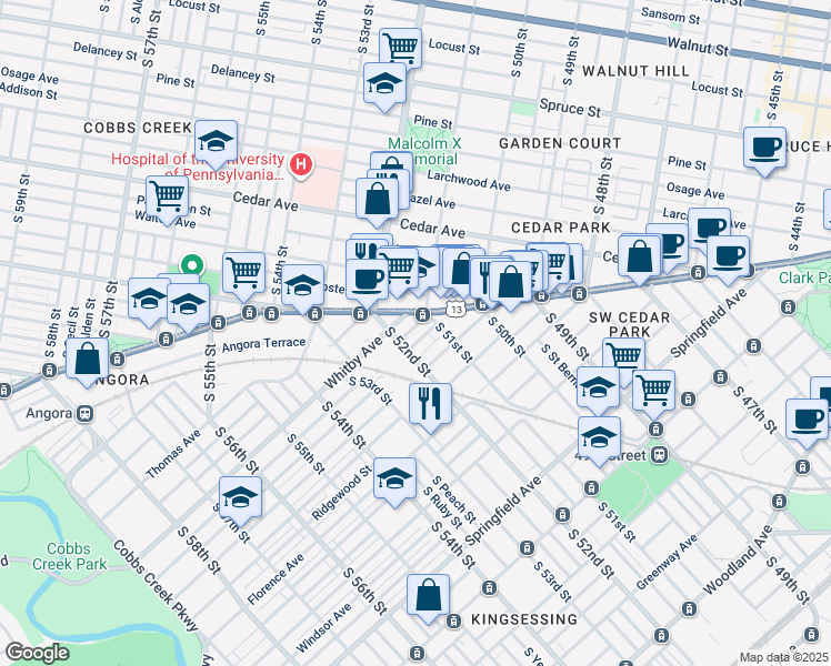 map of restaurants, bars, coffee shops, grocery stores, and more near 5126 Malcolm Street in Philadelphia