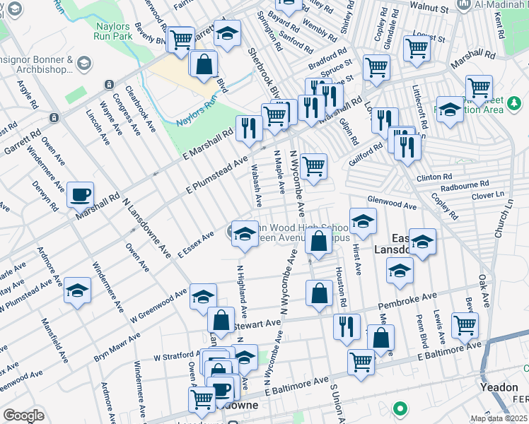 map of restaurants, bars, coffee shops, grocery stores, and more near 148 East Essex Avenue in Lansdowne