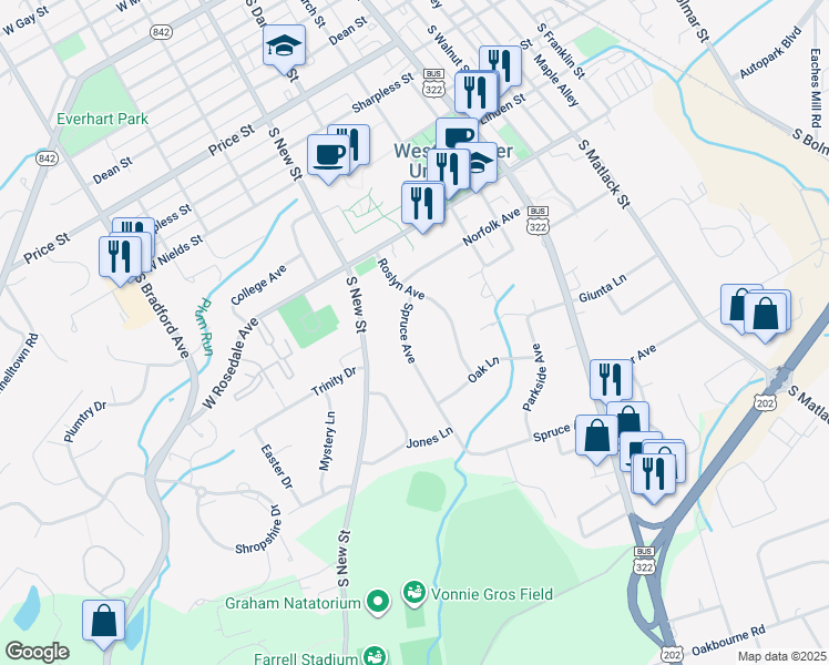 map of restaurants, bars, coffee shops, grocery stores, and more near 805 Spruce Avenue in West Chester