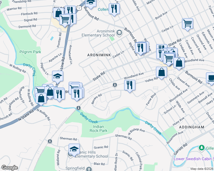 map of restaurants, bars, coffee shops, grocery stores, and more near 31 Revere Road in Drexel Hill