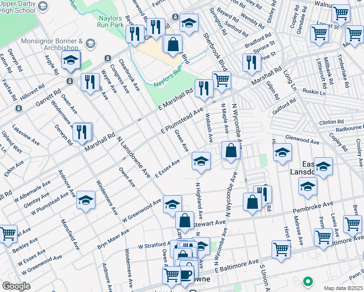 map of restaurants, bars, coffee shops, grocery stores, and more near 212 Green Avenue in Lansdowne