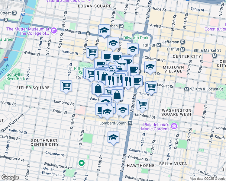 map of restaurants, bars, coffee shops, grocery stores, and more near 1530 Spruce Street in Philadelphia