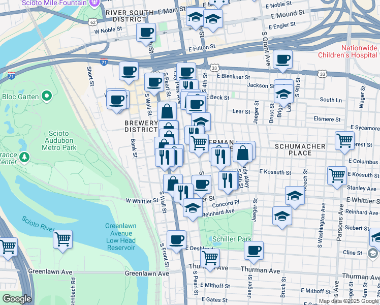 map of restaurants, bars, coffee shops, grocery stores, and more near 777 South 3rd Street in Columbus
