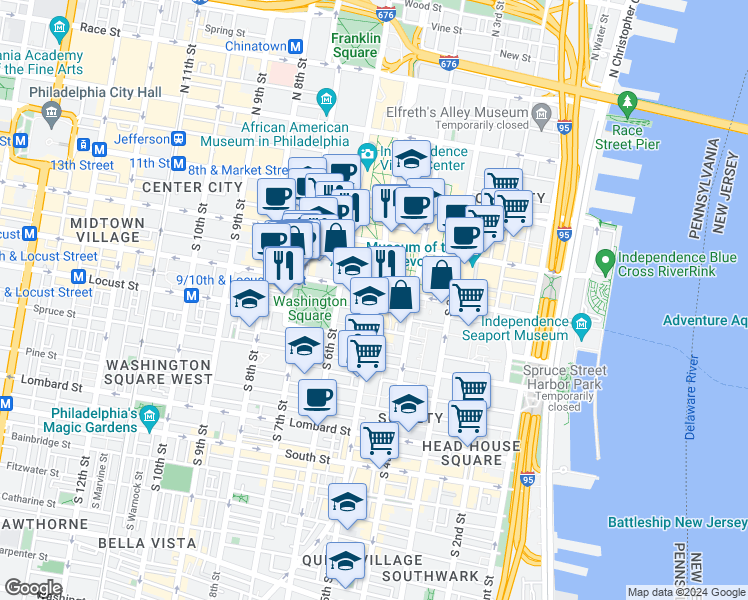 map of restaurants, bars, coffee shops, grocery stores, and more near 35 Saint James Court in Philadelphia