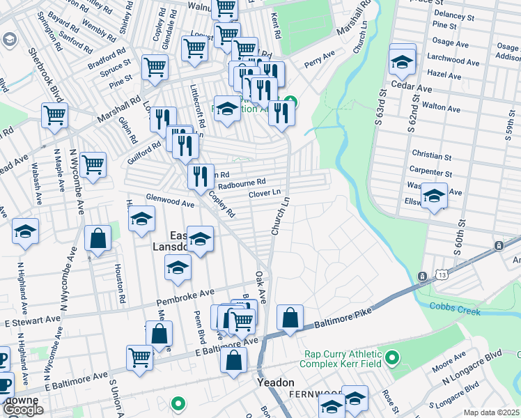 map of restaurants, bars, coffee shops, grocery stores, and more near 7060 Greenwood Avenue in Upper Darby