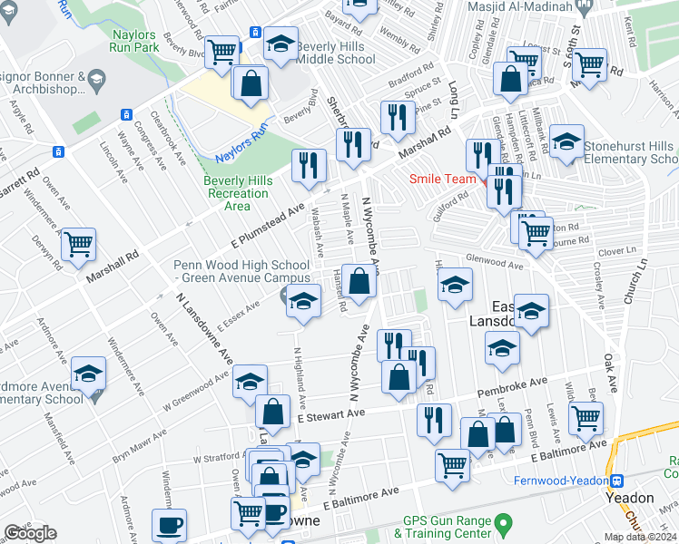 map of restaurants, bars, coffee shops, grocery stores, and more near 162 East Essex Avenue in Lansdowne