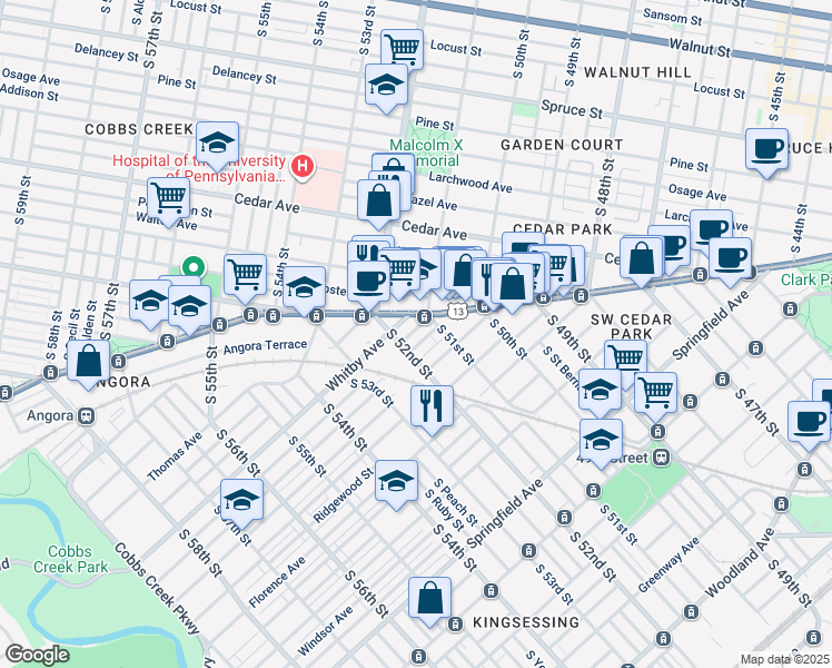 map of restaurants, bars, coffee shops, grocery stores, and more near 5126 Malcolm Street in Philadelphia