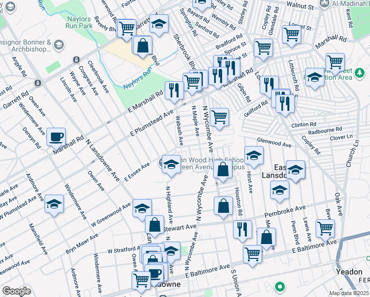 map of restaurants, bars, coffee shops, grocery stores, and more near 148 East Essex Avenue in Lansdowne