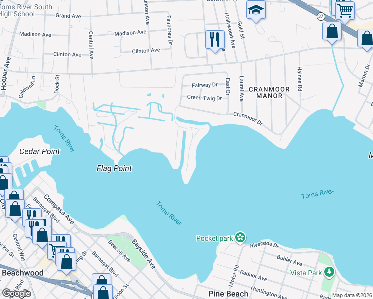 map of restaurants, bars, coffee shops, grocery stores, and more near 22 Haines Cove Drive in Toms River