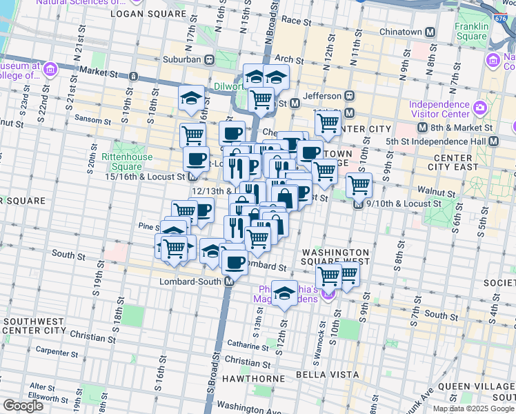 map of restaurants, bars, coffee shops, grocery stores, and more near 1321 Cypress Street in Philadelphia