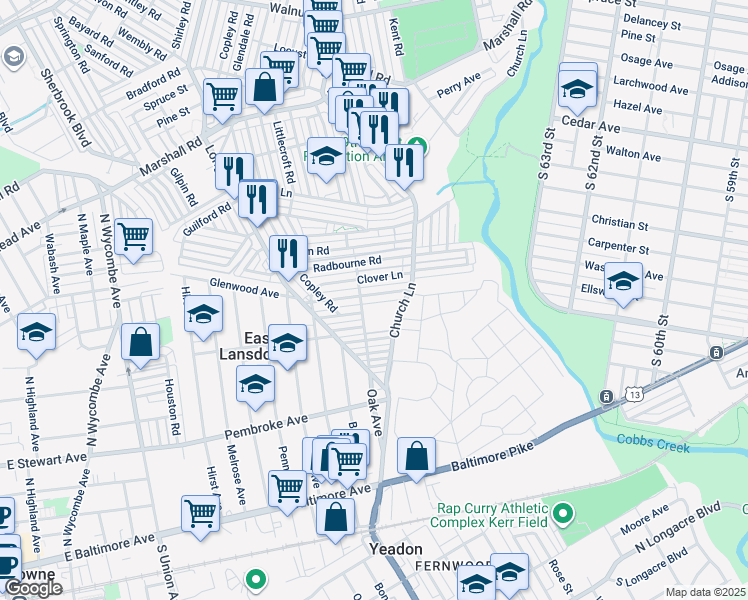 map of restaurants, bars, coffee shops, grocery stores, and more near 7060 Greenwood Avenue in Upper Darby