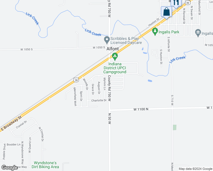 map of restaurants, bars, coffee shops, grocery stores, and more near 10800 Wymm Lane in Ingalls