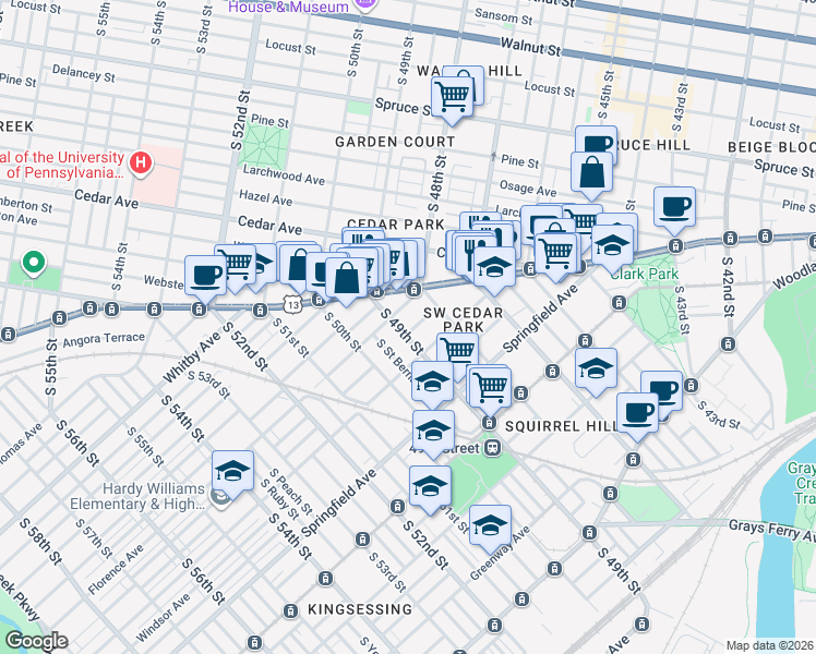 map of restaurants, bars, coffee shops, grocery stores, and more near 813 South 49th Street in Philadelphia