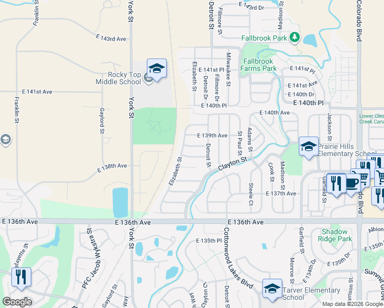 map of restaurants, bars, coffee shops, grocery stores, and more near 13818 Elizabeth Street in Thornton