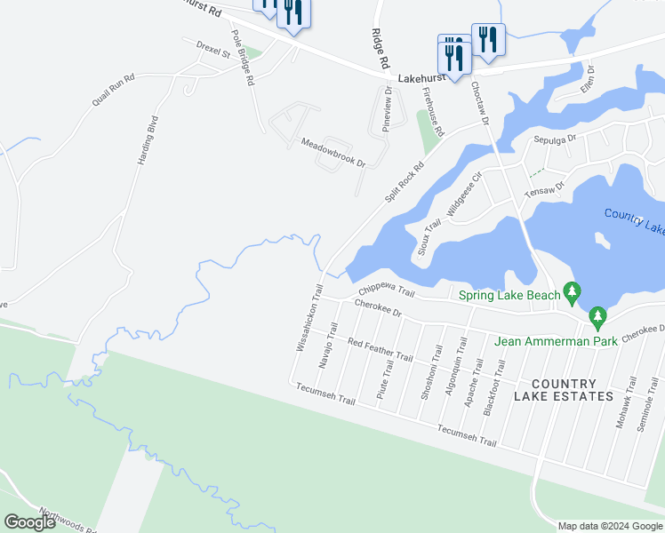 map of restaurants, bars, coffee shops, grocery stores, and more near 9 Chippewa Trail in Country Lake Estates