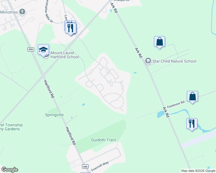 map of restaurants, bars, coffee shops, grocery stores, and more near 3203A Ramsbury Court in Mount Laurel