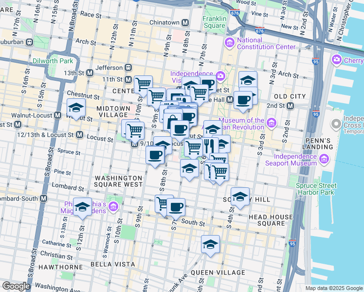 map of restaurants, bars, coffee shops, grocery stores, and more near in Philadelphia