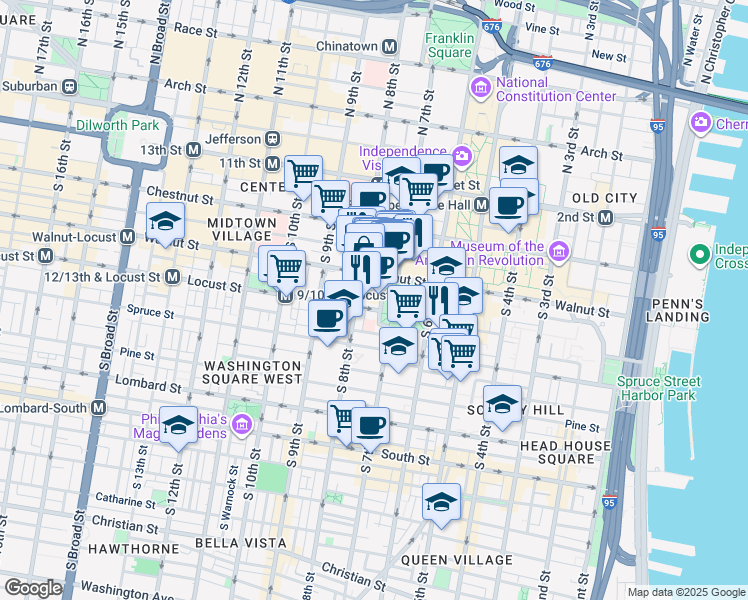 map of restaurants, bars, coffee shops, grocery stores, and more near in Philadelphia