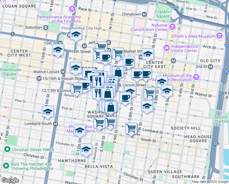 map of restaurants, bars, coffee shops, grocery stores, and more near in Philadelphia