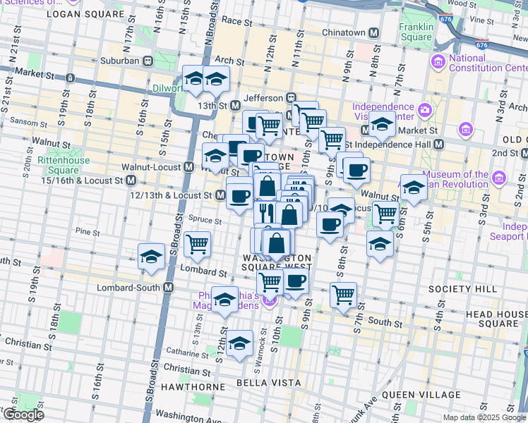 map of restaurants, bars, coffee shops, grocery stores, and more near 1029 Spruce Street in Philadelphia