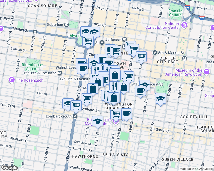 map of restaurants, bars, coffee shops, grocery stores, and more near in Philadelphia