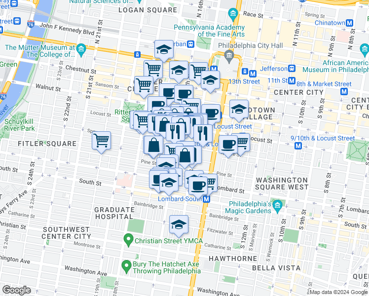 map of restaurants, bars, coffee shops, grocery stores, and more near 325 South 16th Street in Philadelphia