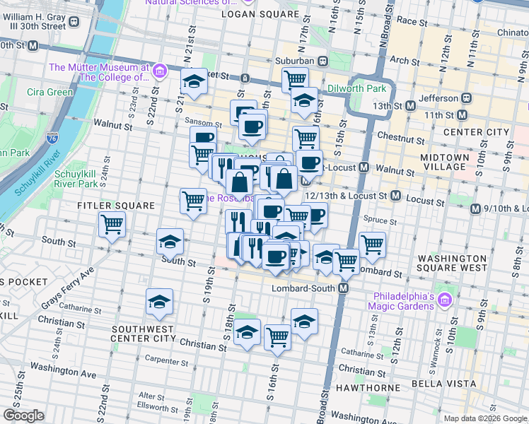 map of restaurants, bars, coffee shops, grocery stores, and more near in Philadelphia