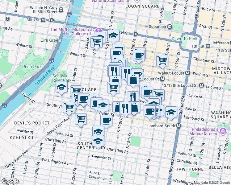 map of restaurants, bars, coffee shops, grocery stores, and more near 1920 Pine Street in Philadelphia