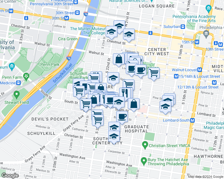 map of restaurants, bars, coffee shops, grocery stores, and more near 414 South 21st Street in Philadelphia
