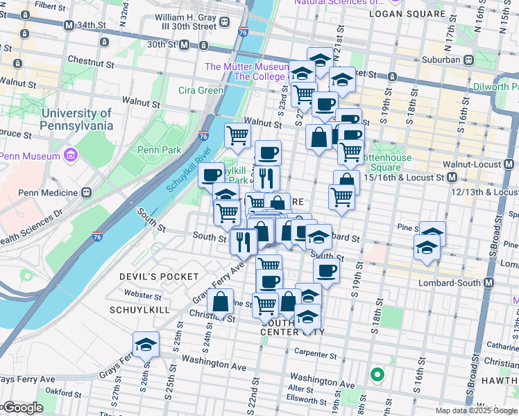 map of restaurants, bars, coffee shops, grocery stores, and more near 402 South 23rd Street in Philadelphia