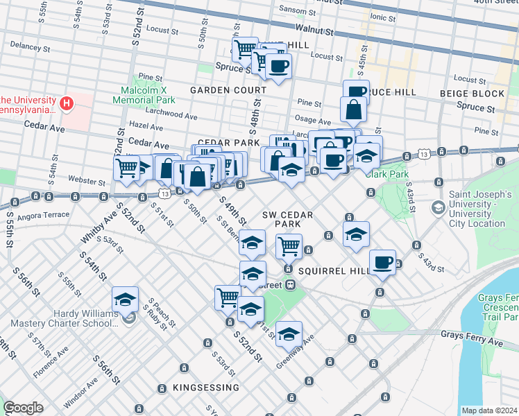 map of restaurants, bars, coffee shops, grocery stores, and more near in Philadelphia