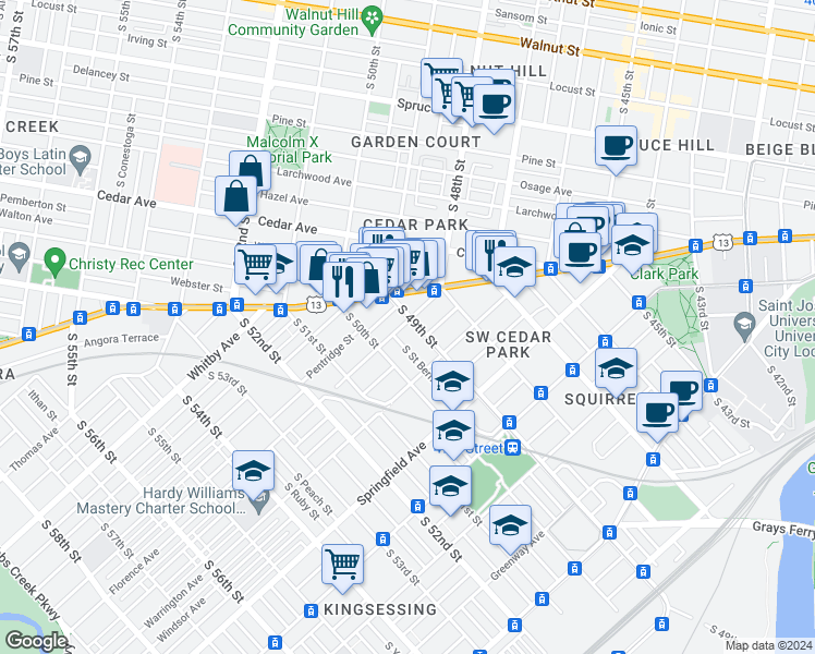 map of restaurants, bars, coffee shops, grocery stores, and more near 817 South Saint Bernard Street in Philadelphia