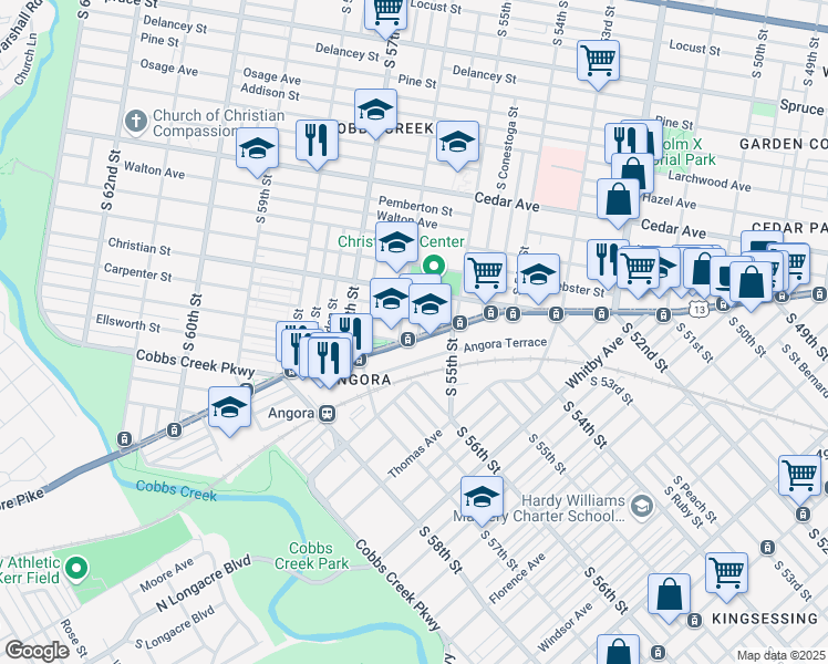 map of restaurants, bars, coffee shops, grocery stores, and more near 5601 Angora Terrace in Philadelphia