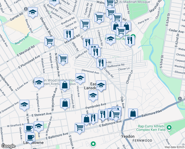map of restaurants, bars, coffee shops, grocery stores, and more near 223 Penn Boulevard in East Lansdowne
