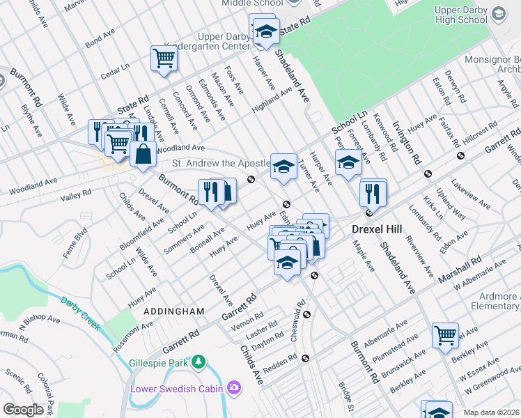 map of restaurants, bars, coffee shops, grocery stores, and more near 3803 Huey Avenue in Drexel Hill