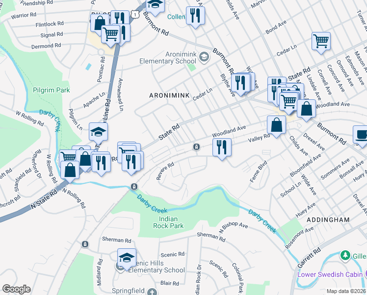 map of restaurants, bars, coffee shops, grocery stores, and more near 31 Revere Road in Drexel Hill