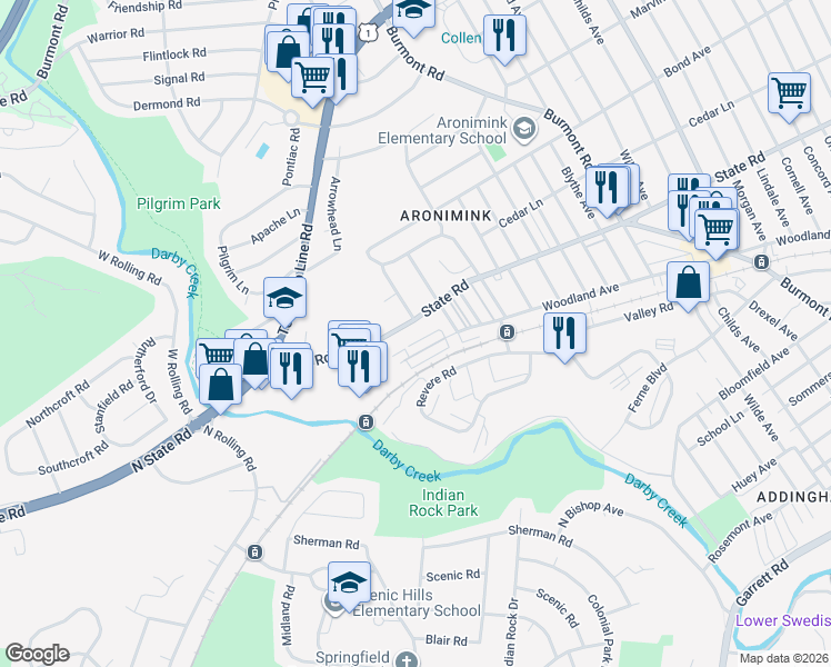 map of restaurants, bars, coffee shops, grocery stores, and more near 4936 Woodland Avenue in Drexel Hill