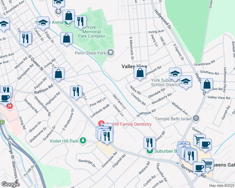 map of restaurants, bars, coffee shops, grocery stores, and more near 1549 Clover Lane in York