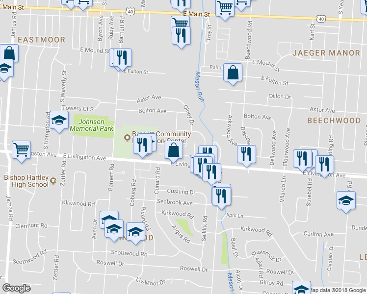 map of restaurants, bars, coffee shops, grocery stores, and more near 3583 Rand Square East in Columbus