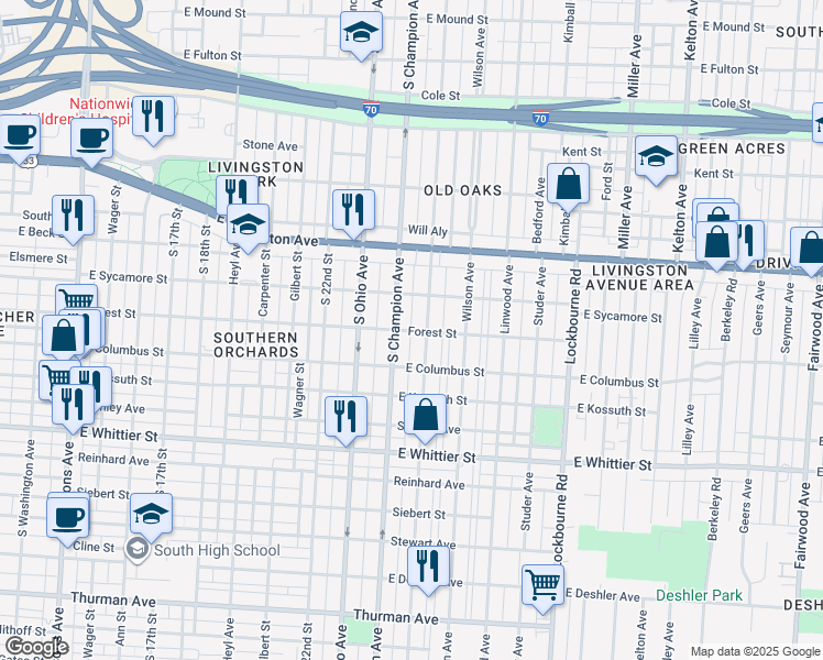 map of restaurants, bars, coffee shops, grocery stores, and more near 927 Oakwood Avenue in Columbus