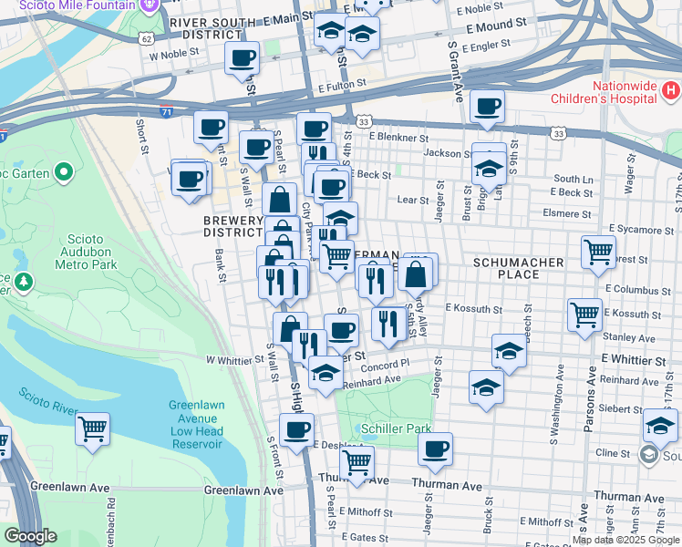 map of restaurants, bars, coffee shops, grocery stores, and more near 777 South 3rd Street in Columbus