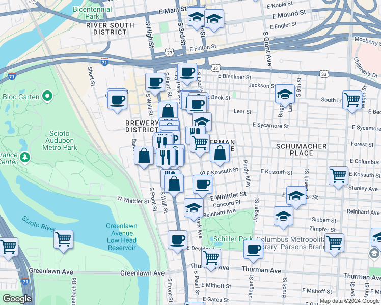 map of restaurants, bars, coffee shops, grocery stores, and more near 30 East Columbus Street in Columbus