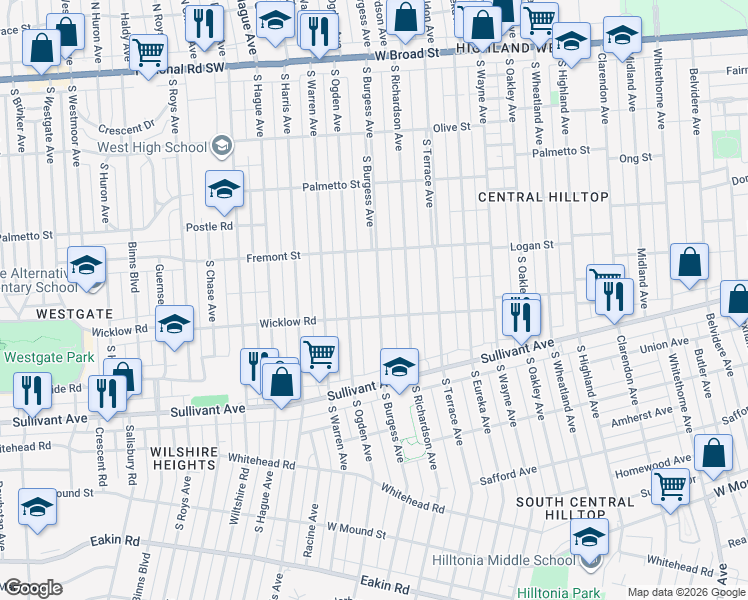 map of restaurants, bars, coffee shops, grocery stores, and more near 416 South Burgess Avenue in Columbus