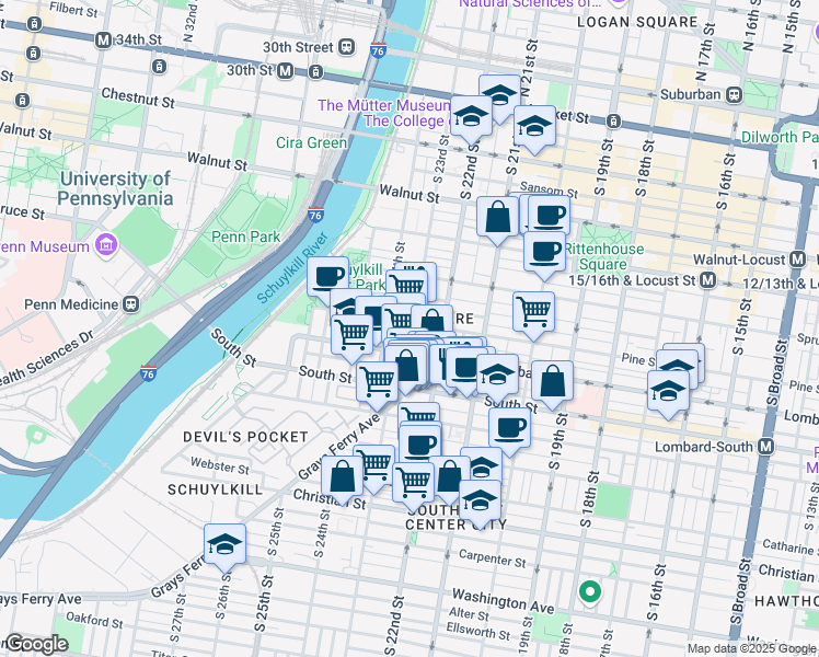 map of restaurants, bars, coffee shops, grocery stores, and more near 402 South 23rd Street in Philadelphia