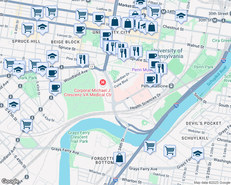 map of restaurants, bars, coffee shops, grocery stores, and more near 321 South University Avenue in Philadelphia