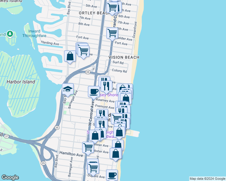 map of restaurants, bars, coffee shops, grocery stores, and more near 41 Carteret Avenue in Seaside Heights