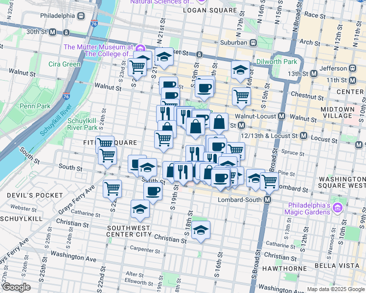 map of restaurants, bars, coffee shops, grocery stores, and more near South 19th Street & Delancey Place in Philadelphia