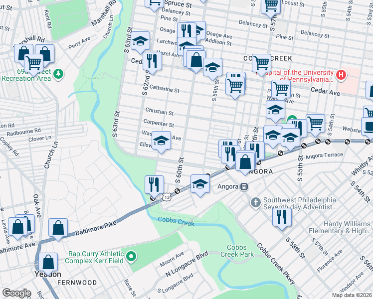 map of restaurants, bars, coffee shops, grocery stores, and more near 1021 South 60th Street in Philadelphia